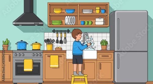 Independent little boy washing dishes at the sink, modern flat vector promoting good habits and responsible daily home routine