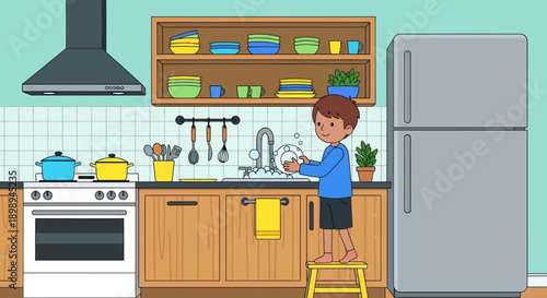 Independent little boy washing dishes at the sink, modern flat vector promoting good habits and responsible daily home routine