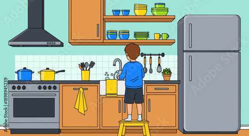 Independent little boy washing dishes at the sink, modern flat vector promoting good habits and responsible daily home routine