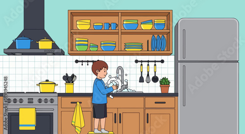 Independent little boy washing dishes at the sink, modern flat vector promoting good habits and responsible daily home routine