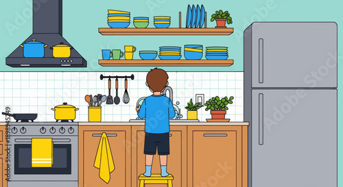 Independent little boy washing dishes at the sink, modern flat vector promoting good habits and responsible daily home routine
