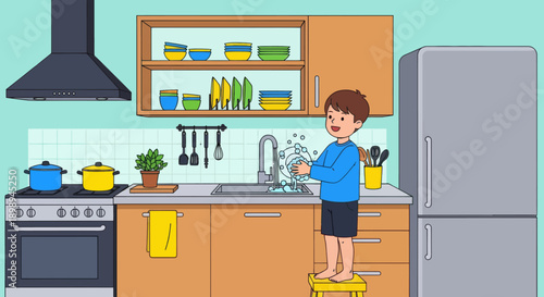 Independent little boy washing dishes at the sink, modern flat vector promoting good habits and responsible daily home routine