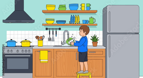 Independent little boy washing dishes at the sink, modern flat vector promoting good habits and responsible daily home routine
