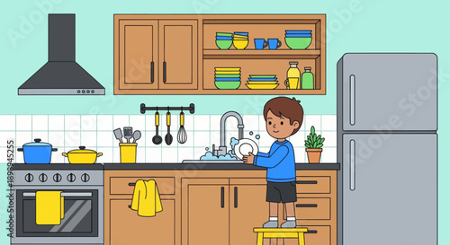 Independent little boy washing dishes at the sink, modern flat vector promoting good habits and responsible daily home routine