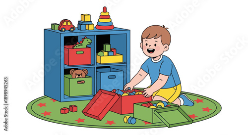 Independent little boy sorting toys into boxes, modern flat vector showing good habits, organization skills, and tidy playroom routine