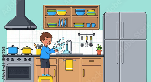 Independent little boy washing dishes at the sink, modern flat vector promoting good habits and responsible daily home routine