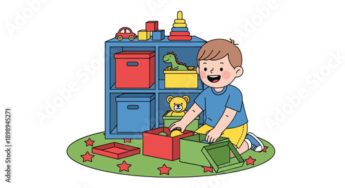 Independent little boy sorting toys into boxes, modern flat vector showing good habits, organization skills, and tidy playroom routine