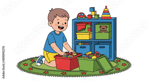 Independent little boy sorting toys into boxes, modern flat vector showing good habits, organization skills, and tidy playroom routine
