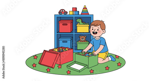 Independent little boy sorting toys into boxes, modern flat vector showing good habits, organization skills, and tidy playroom routine