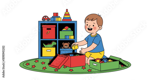 Independent little boy sorting toys into boxes, modern flat vector showing good habits, organization skills, and tidy playroom routine