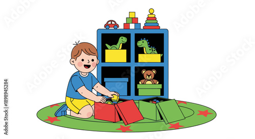 Independent little boy sorting toys into boxes, modern flat vector showing good habits, organization skills, and tidy playroom routine
