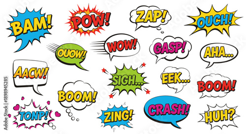 comic book speech bubbles with various onomatopoeia words