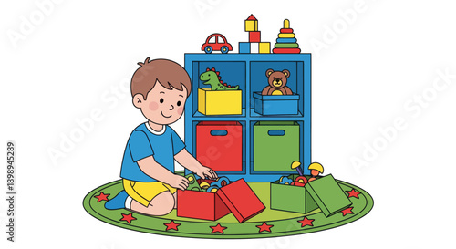 Independent little boy sorting toys into boxes, modern flat vector showing good habits, organization skills, and tidy playroom routine
