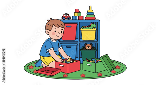 Independent little boy sorting toys into boxes, modern flat vector showing good habits, organization skills, and tidy playroom routine