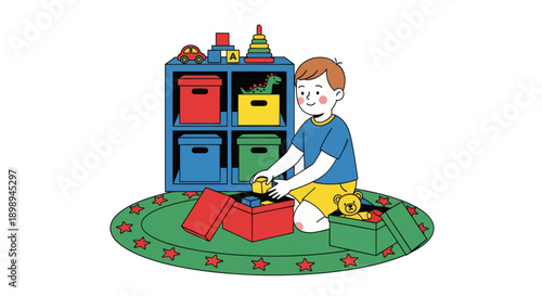 Independent little boy sorting toys into boxes, modern flat vector showing good habits, organization skills, and tidy playroom routine