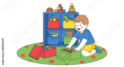 Independent little boy sorting toys into boxes, modern flat vector showing good habits, organization skills, and tidy playroom routine