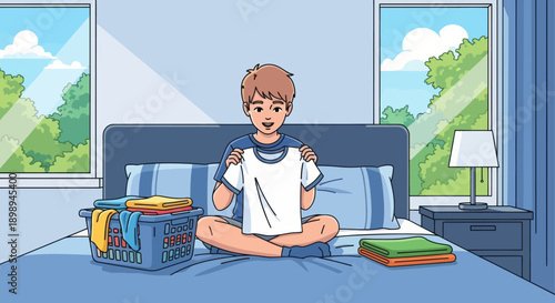 Independent little boy folding clean clothes on his bed, modern flat vector illustrating good habits, self-reliance, and tidy home routine