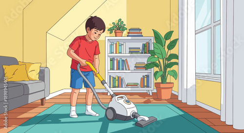 Independent little boy vacuuming the carpet at home, modern flat vector promoting good habits and self-discipline in daily chores