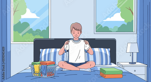 Independent little boy folding clean clothes on his bed, modern flat vector illustrating good habits, self-reliance, and tidy home routine