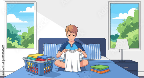 Independent little boy folding clean clothes on his bed, modern flat vector illustrating good habits, self-reliance, and tidy home routine