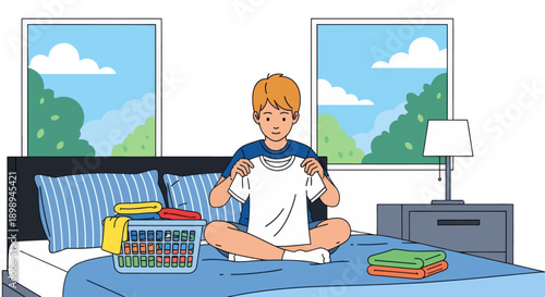 Independent little boy folding clean clothes on his bed, modern flat vector illustrating good habits, self-reliance, and tidy home routine
