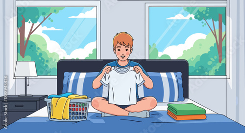 Independent little boy folding clean clothes on his bed, modern flat vector illustrating good habits, self-reliance, and tidy home routine