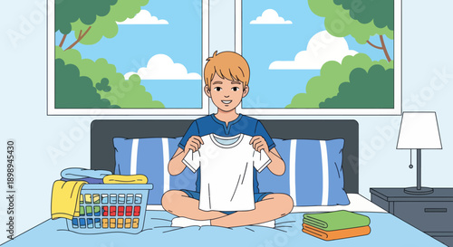 Independent little boy folding clean clothes on his bed, modern flat vector illustrating good habits, self-reliance, and tidy home routine