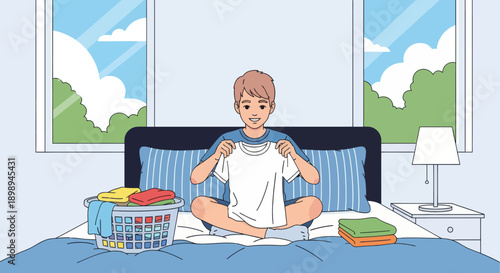 Independent little boy folding clean clothes on his bed, modern flat vector illustrating good habits, self-reliance, and tidy home routine
