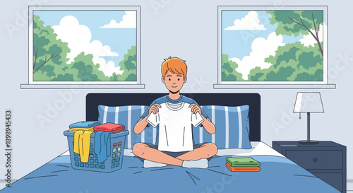 Independent little boy folding clean clothes on his bed, modern flat vector illustrating good habits, self-reliance, and tidy home routine