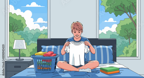 Independent little boy folding clean clothes on his bed, modern flat vector illustrating good habits, self-reliance, and tidy home routine