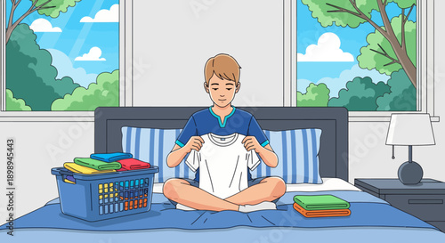Independent little boy folding clean clothes on his bed, modern flat vector illustrating good habits, self-reliance, and tidy home routine