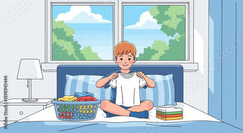 Independent little boy folding clean clothes on his bed, modern flat vector illustrating good habits, self-reliance, and tidy home routine