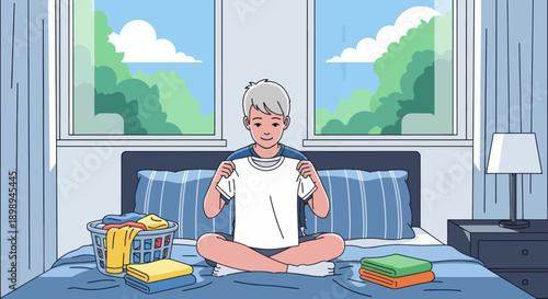 Independent little boy folding clean clothes on his bed, modern flat vector illustrating good habits, self-reliance, and tidy home routine