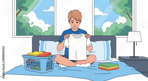 Independent little boy folding clean clothes on his bed, modern flat vector illustrating good habits, self-reliance, and tidy home routine