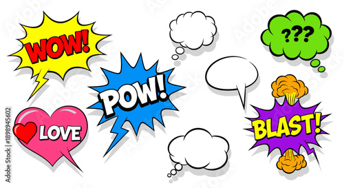 comic speech bubbles with wow pow love blast text