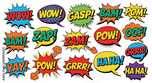 Comic book speech bubbles with wow, zap, pow, bam and other expressions