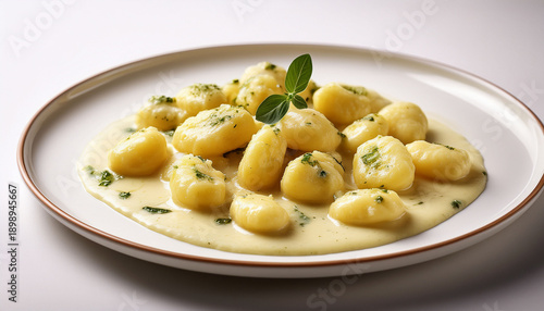 Fresh Gnocchi With Butter And Sage Sauce Served On A White Plate White Background Natural Light