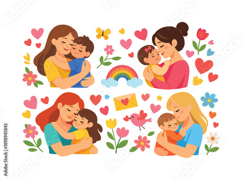 Motherhood flat icon set. featuring mother-child, flowers, hearts, rainbow, hugs, and love symbols