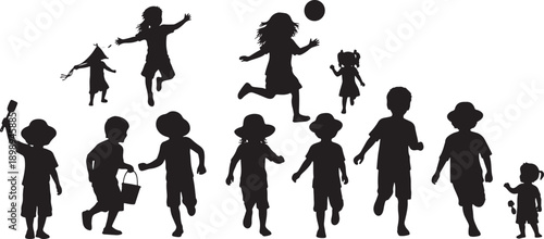 Collection of diverse children silhouettes engaged in various outdoor activities like playing and running.