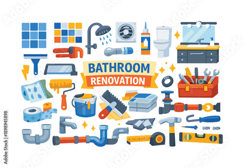 Home renovation flat icon set. featuring shower, paint, toolbox, drill, saw, wrench, toilet, and sink icons.