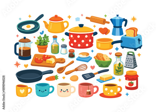 Kitchen essentials flat icon set. featuring toaster, pot, teapot, mug, frying pan, and grater symbols