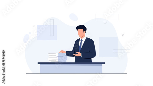 Businessman Voting or Counting Papers at Desk