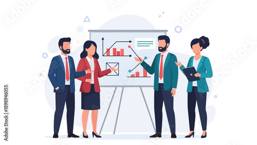 Business Team Presenting Data and Strategy on Whiteboard