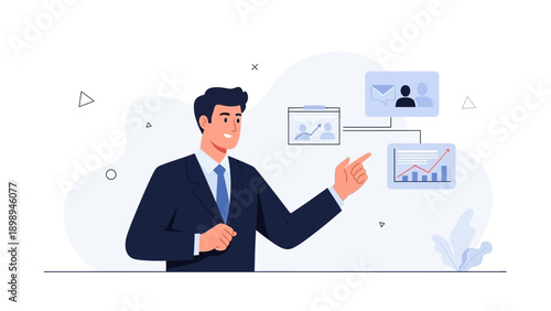 Businessman presenting data and charts on a digital board, business meeting concept