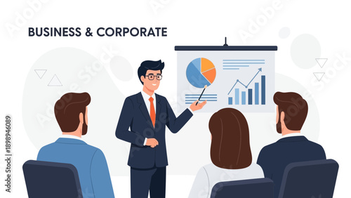 Business Presentation Meeting: Speaker Explains Charts and Graphs to Colleagues
