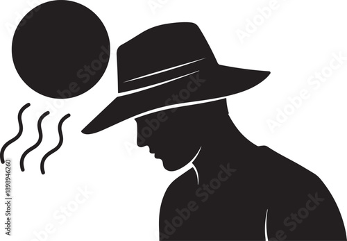 Silhouette of a man wearing a wide-brimmed hat under a bright sun, conveying heat, desert, or outdoor work.