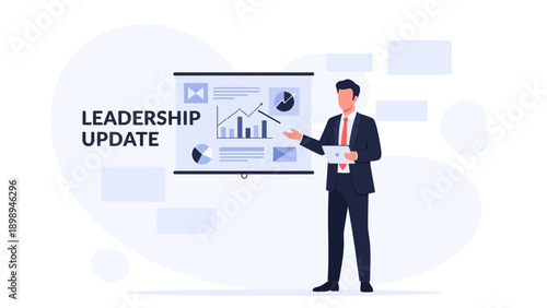 Businessman presenting leadership update with charts and graphs on screen