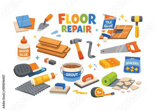 Floor repair flat icon set. featuring wood glue, tile glue, saw, hammer, grout, trowel, and spacers