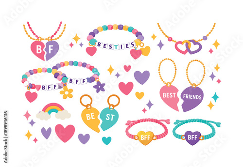 Friendship jewelry flat icon set. featuring bff, besties, hearts, bracelets, necklaces, earrings, and charms
