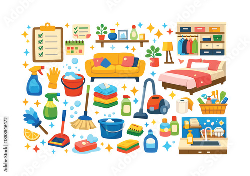 Household cleaning flat icon set. featuring sofa, bed, vacuum, mop, bucket, detergent, gloves, and sprays